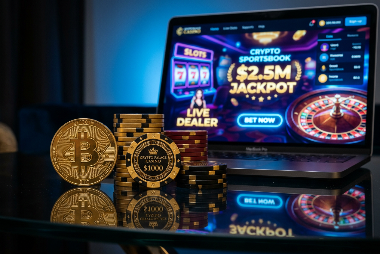 Digital representation of Bitcoin coins and casino chips on a sleek surface.