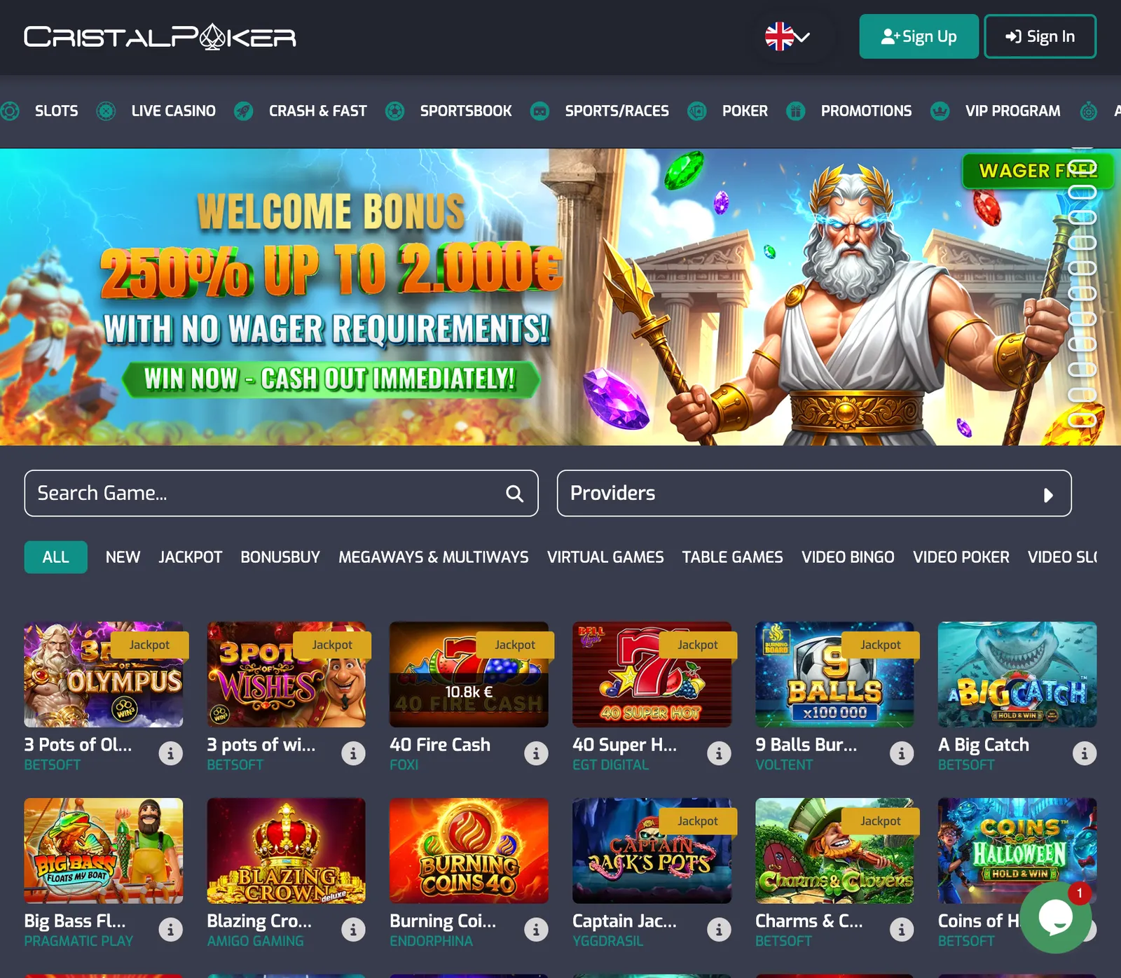 Αρχική σελίδα του Cristal Poker με το διαφημιστικό banner και το λόμπι παιχνιδιών