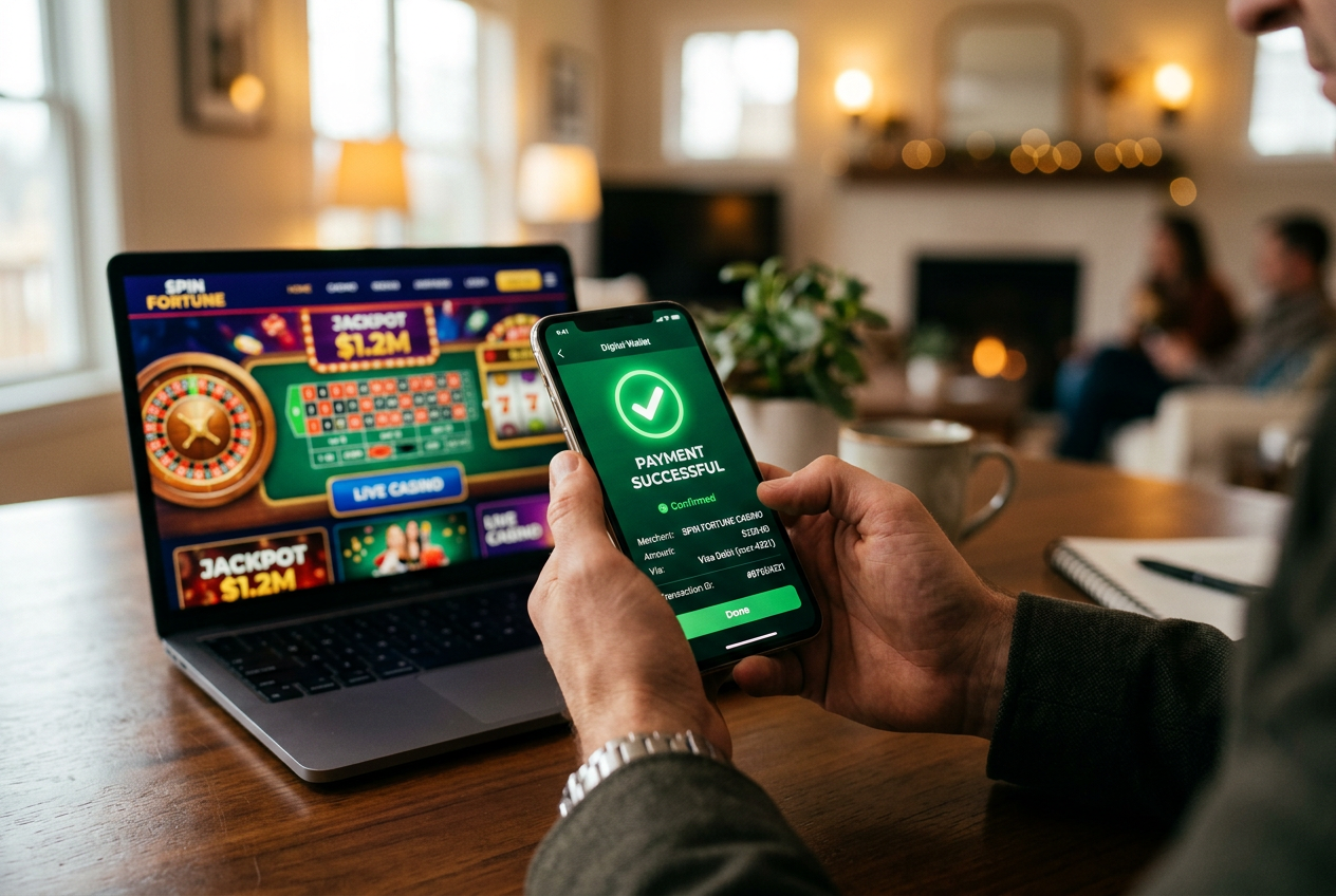 A close-up of a person using a smartphone to complete a secure payment with a digital wallet for an online casino.